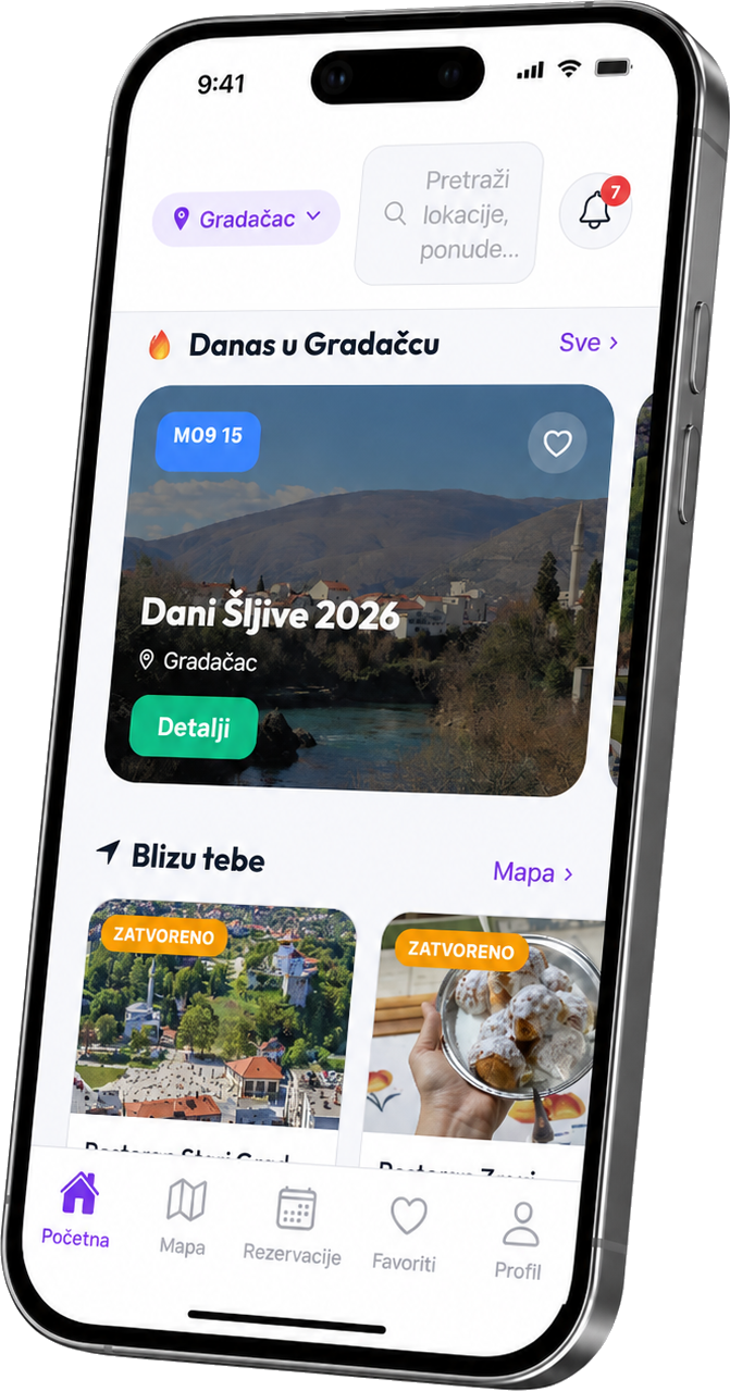 Screenshot početnog ekrana mobilne aplikacije Gradačac Map