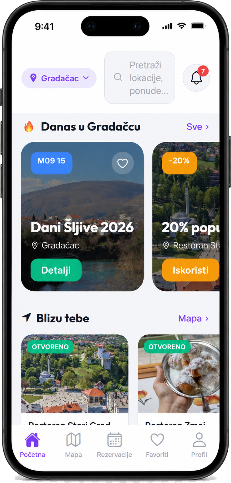 Telefon sa početnom stranicom aplikacije Gradačac Map